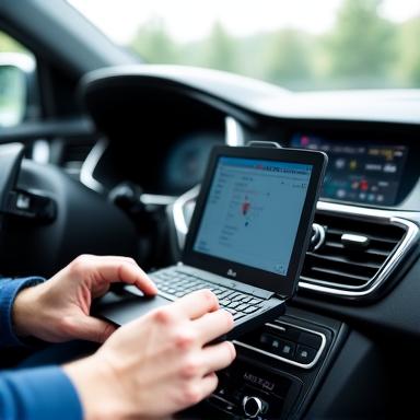 Professional technician connecting diagnostic equipment to a car