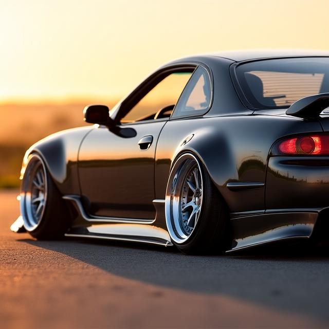 Low-slung classic sports car with chrome wheels
