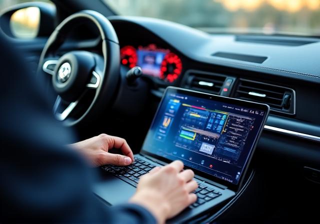 Technician performing ECU remapping on a high-performance vehicle