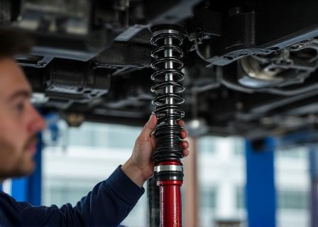 Mechanic adjusting a coilover system in our Dublin workshop